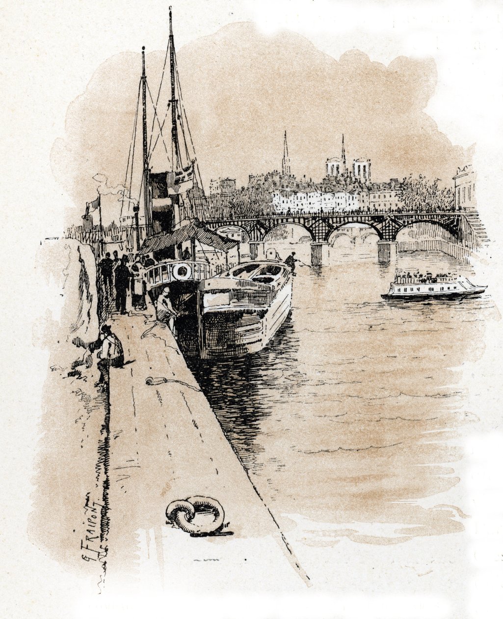 Ansicht der Gesellschaft Seine et Thames, deren Boote Paris und London verbinden Zeichnung von Gustave Fraipont (1849-1923) aus „La Seine à travers Paris“ von Saint-Juirs von Gustave Fraipont
