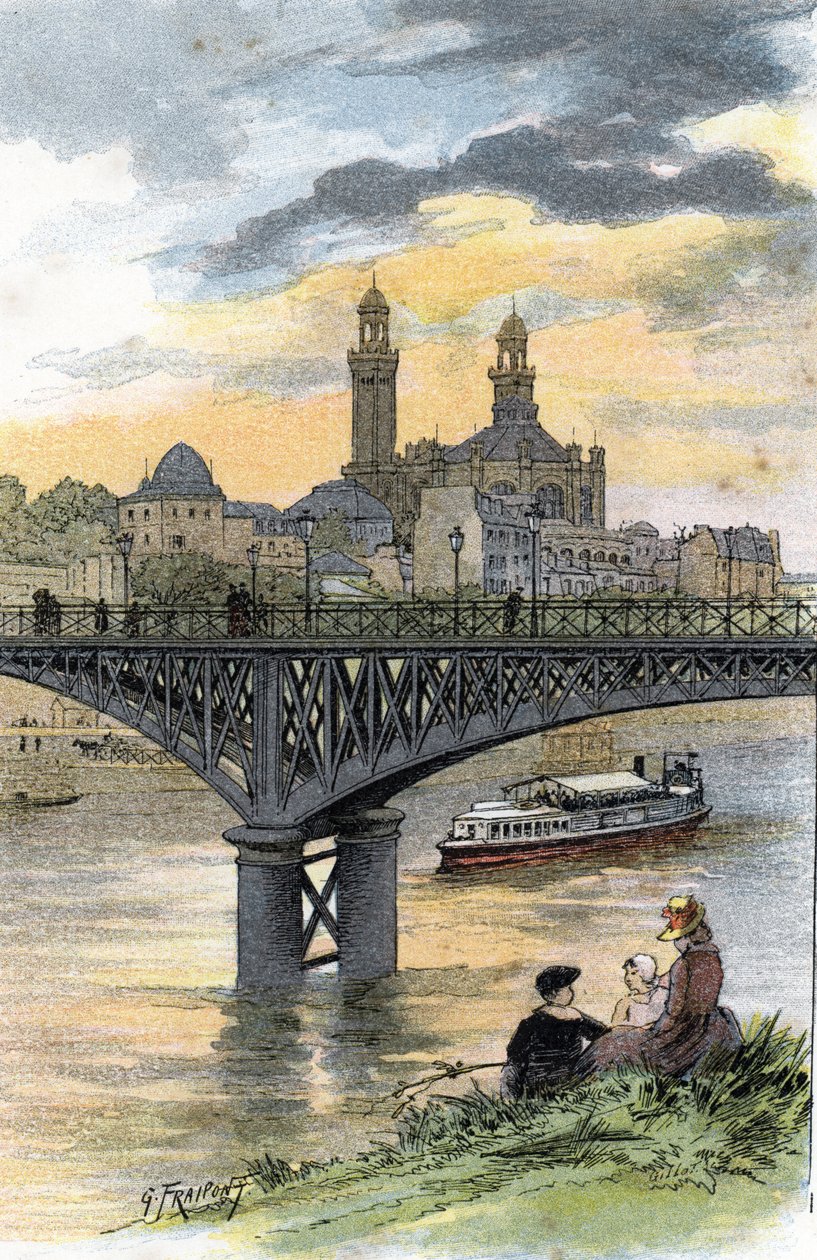 Ansicht der Fußgängerbrücke von Passy (heute Brücke von Bir-Hakeim) in Paris. Zeichnung von Gustave Fraipont (1849-1923) aus Saint-Juirs von Gustave Fraipont