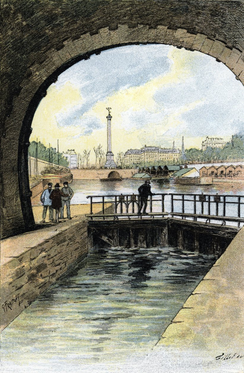 Ansicht der Schleuse des Canal Saint Martin in Paris. Zeichnung von Gustave Fraipont (1849-1923) aus „La Seine à travers Paris“ von Saint-Juirs von Gustave Fraipont