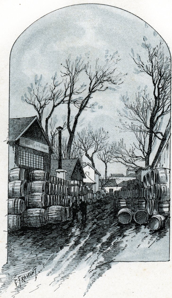 Ansicht des Lagerhauses der Rue de Sauternes, Bercy, Paris (Ansicht des Lagerhauses der Rue de Sauternes, Bercy, Paris) Zeichnung von Gustave Fraipont (1849-1923) aus „La Seine à travers Paris“ von Saint-Juirs von Gustave Fraipont