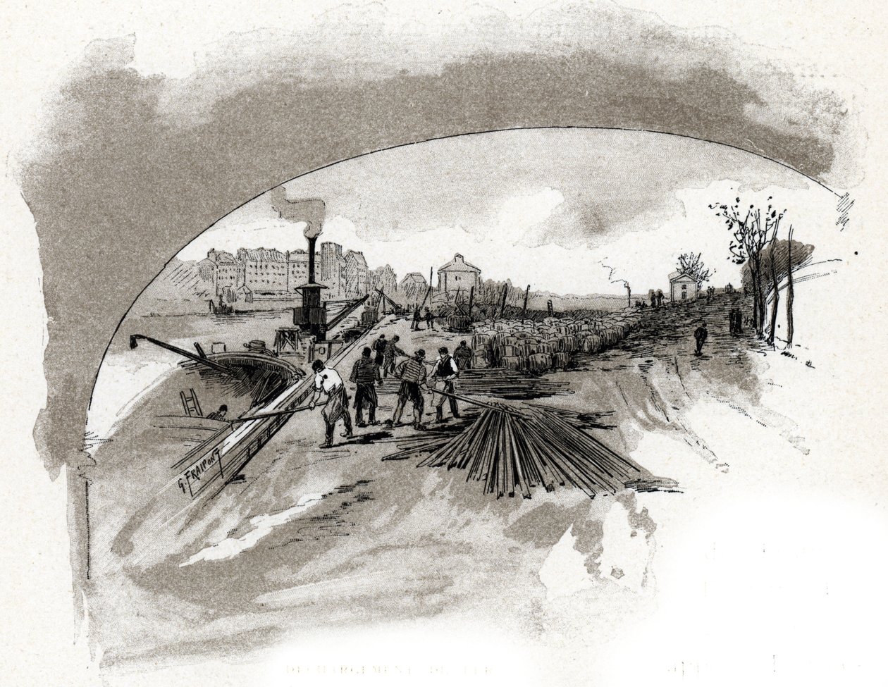 Entladung von Eisen am Quai Saint-Bernard in Paris (Eisenblöcke, die von den Dockarbeitern am Ufer der Seine am Quai Saint-Bernard in Paris entladen werden) Zeichnung von Gustave Fraipont (1849-1923) aus „La Seine à travers Paris“ von Saint-Juirs von Gustave Fraipont