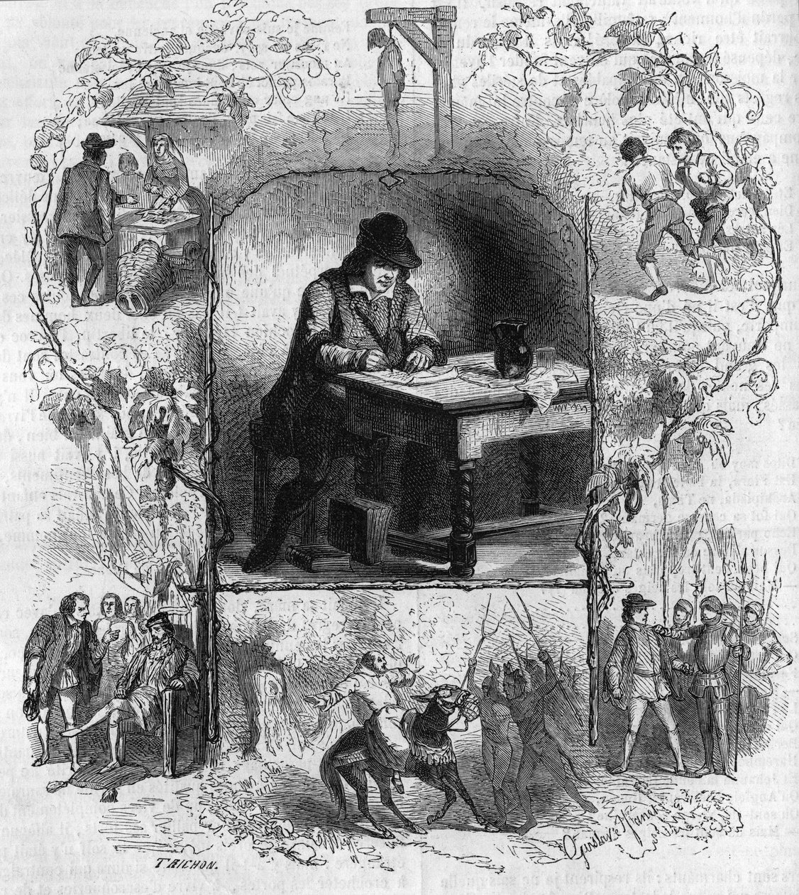 Der Dichter François Villon (1431-1463) schreibt sein Testament, umgeben von verschiedenen Episoden seines Lebens. Gravur von Gustave Janet von Gustave Janet