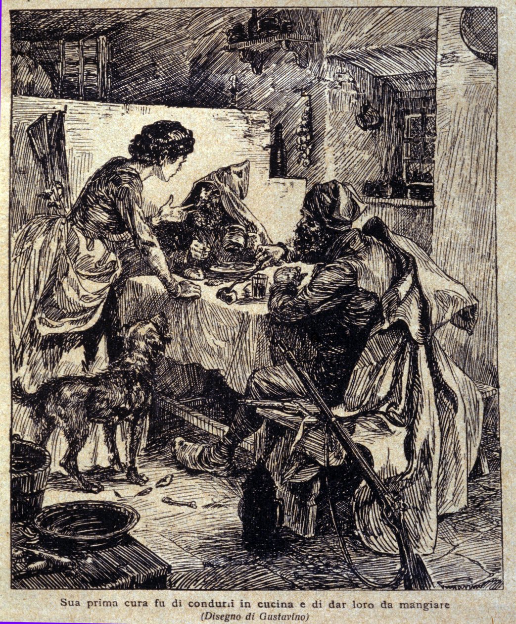 Seine erste Sorge war, sie in die Küche zu bringen und zu füttern... Illustration aus der neuen „Colomba“ von Prosper Merimee. Gravur von Gustavino (Gustavo Rosso) (1881-1950), ca. 1915 von Gustavo Gustavino Rosso
