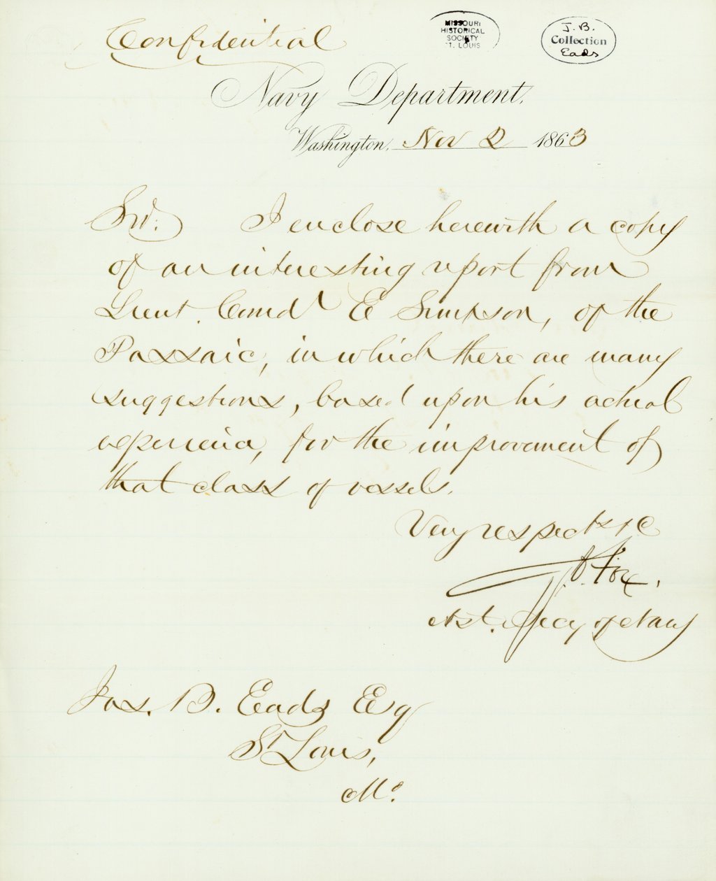 Brief unterzeichnet von G.V. Fox, Marineministerium, Washington, an Jas. B. Eads [James B. Eads], St. Louis, Mo., 2. November 1863 von Gustavus Vasa Fox