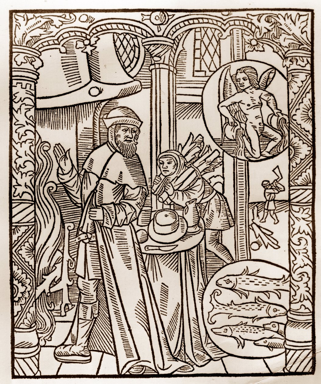 Hirtenkalender - Die Arbeiten der Monate - Februar - Holzschnitt aus dem Buch von 1496, gedruckt von Guy Marchant (Guido Mercator) in Troyes - Holzgravur in „Le grand Calendrier et compost des shepherds“ von Guy Marchant