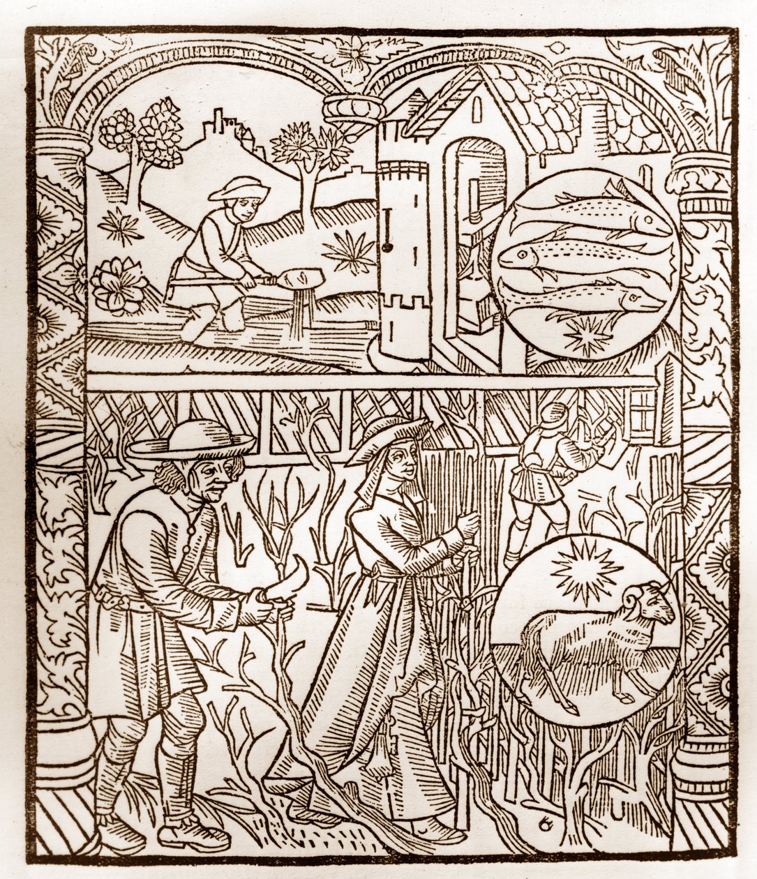 Hirtenkalender - Die Arbeiten der Monate - März - Holzschnitt aus dem Buch von 1496, gedruckt von Guy Marchant (Guido Mercator) in Troyes - Holzgravur in „Le grand Calendrier et compost des shepherds“ von Guy Marchant
