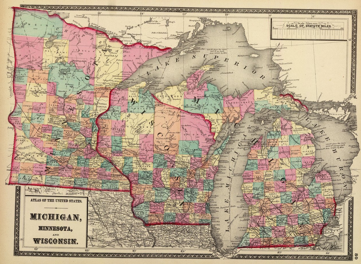 Karte der Staaten Minnesota, Wisconsin und Michigan von 1872 von H. F.; Gray Walling