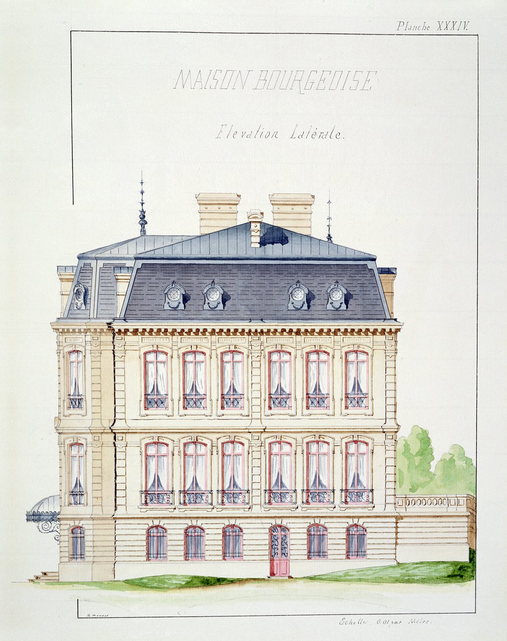 Seitenansicht eines Hauses für das Bürgertum, Tafel XXXIV aus einem Folioband von Entwürfen von H. Monnot