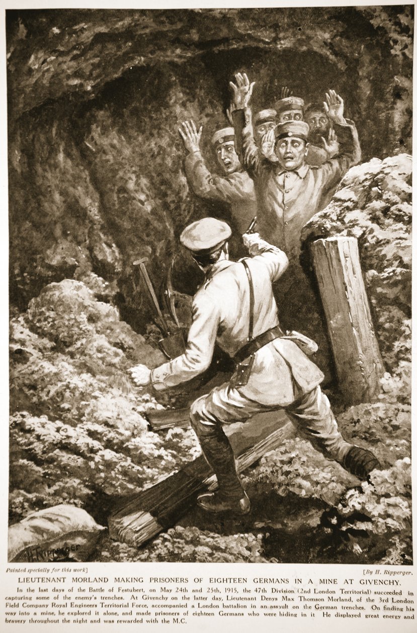 Leutnant Morland nimmt achtzehn Deutsche in einer Mine bei Givenchy gefangen von H. Ripperger