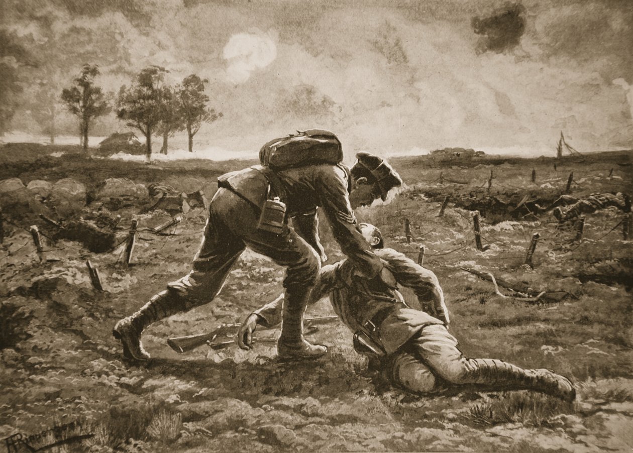 Sergeant Fuller rennt unter heftigem Beschuss vor, um seinen verwundeten Offizier, Captain Haggard, zu retten von H. Ripperger