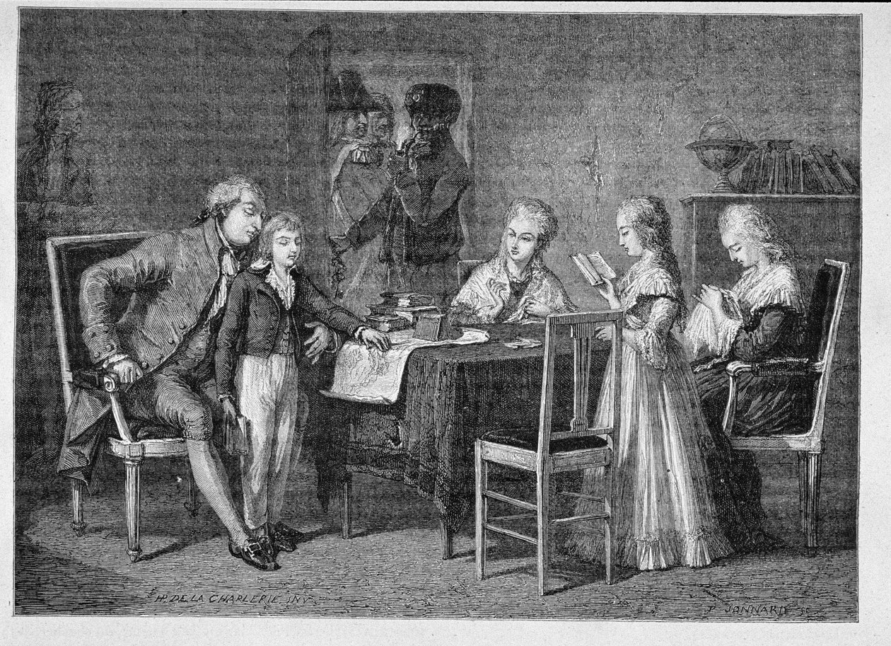 Die Freizeitbeschäftigungen der französischen Königsfamilie im Tempel, graviert von Jonnard von H. de la Charlerie