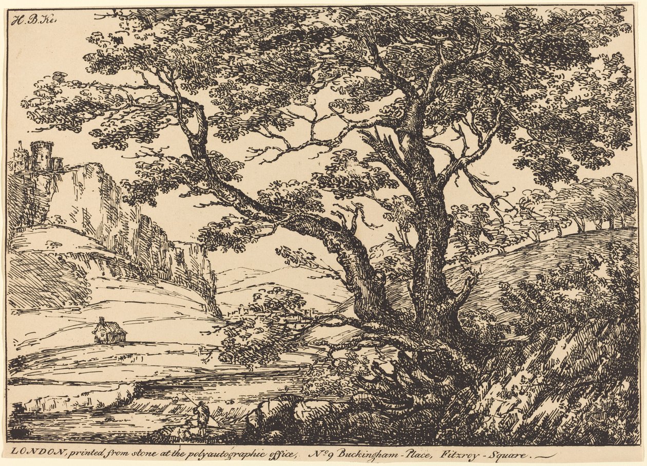 Landschaft mit großem Baum, Schloss links von H.B. Ker
