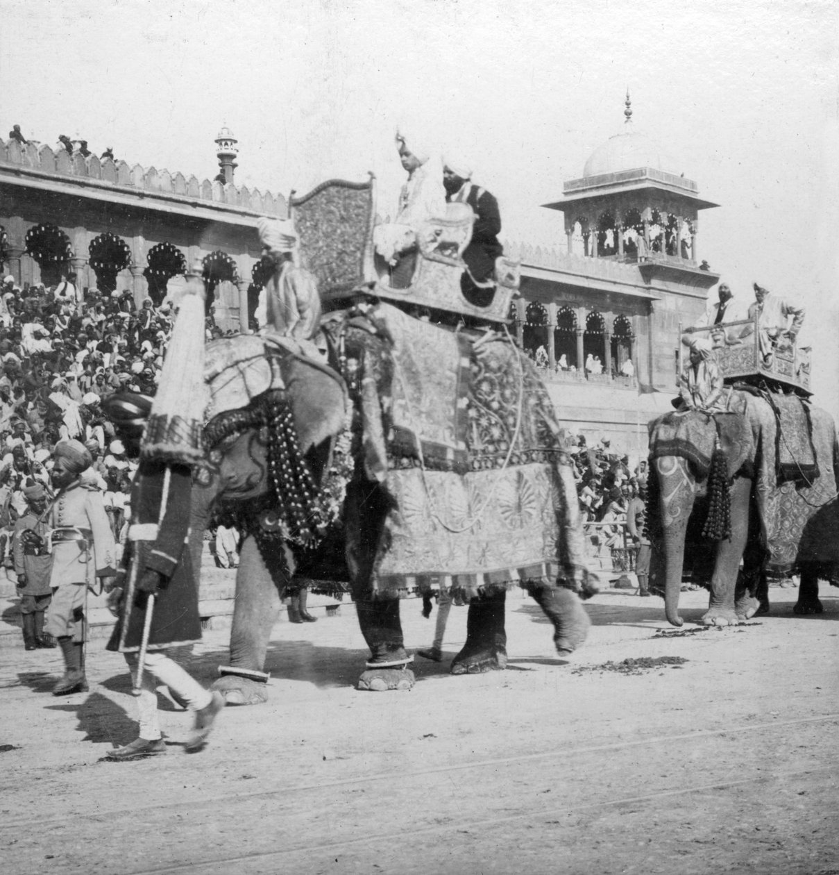 Eine Elefantenprozession, die an der Jumma Masjid vorbeizieht, Delhi, Indien, 1900er von H. Hands and Son
