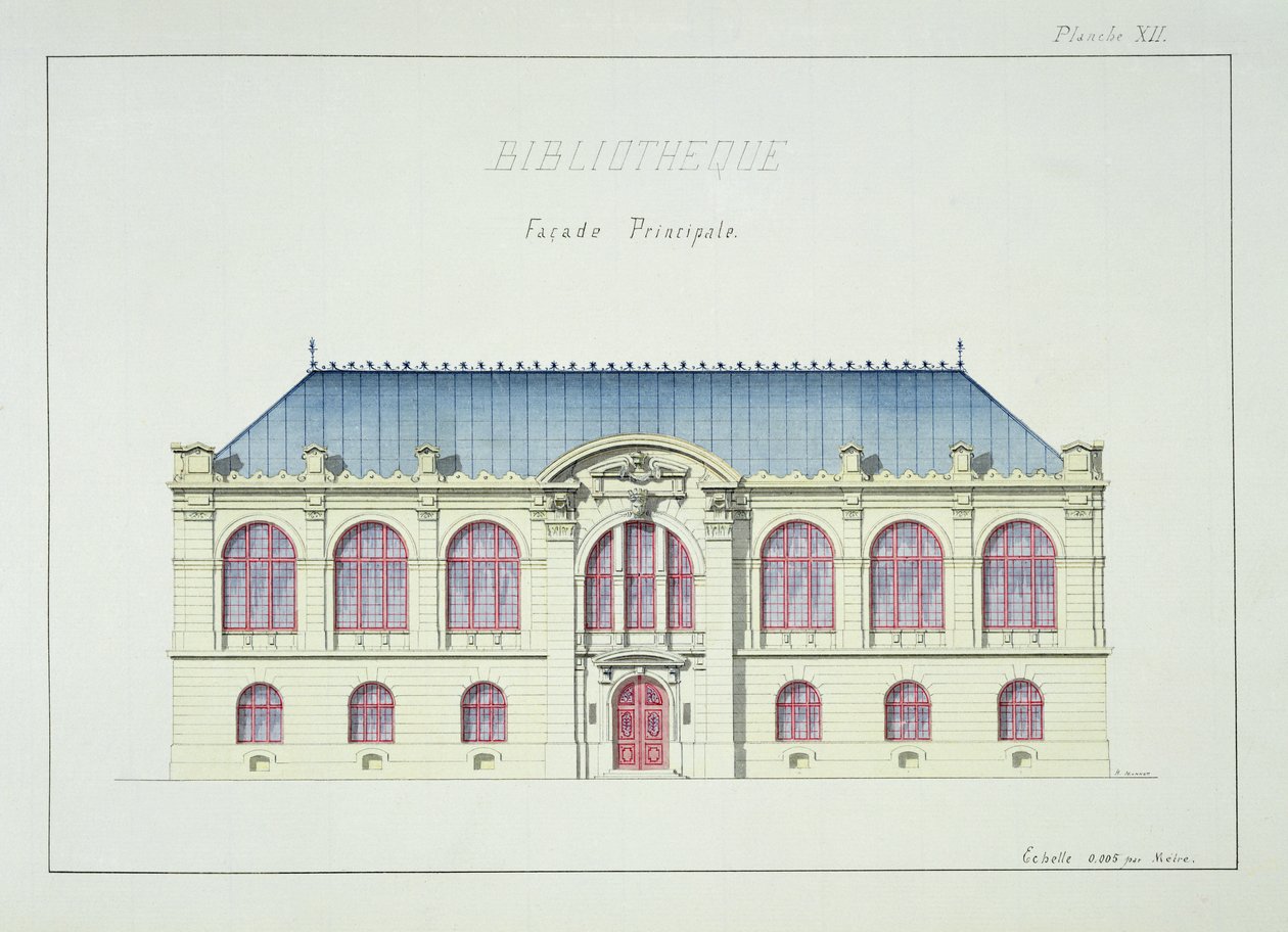 Hauptfassade einer Bibliothek, Tafel XII aus einem Folio von Entwürfen, ca. 1870 von H. Monnot