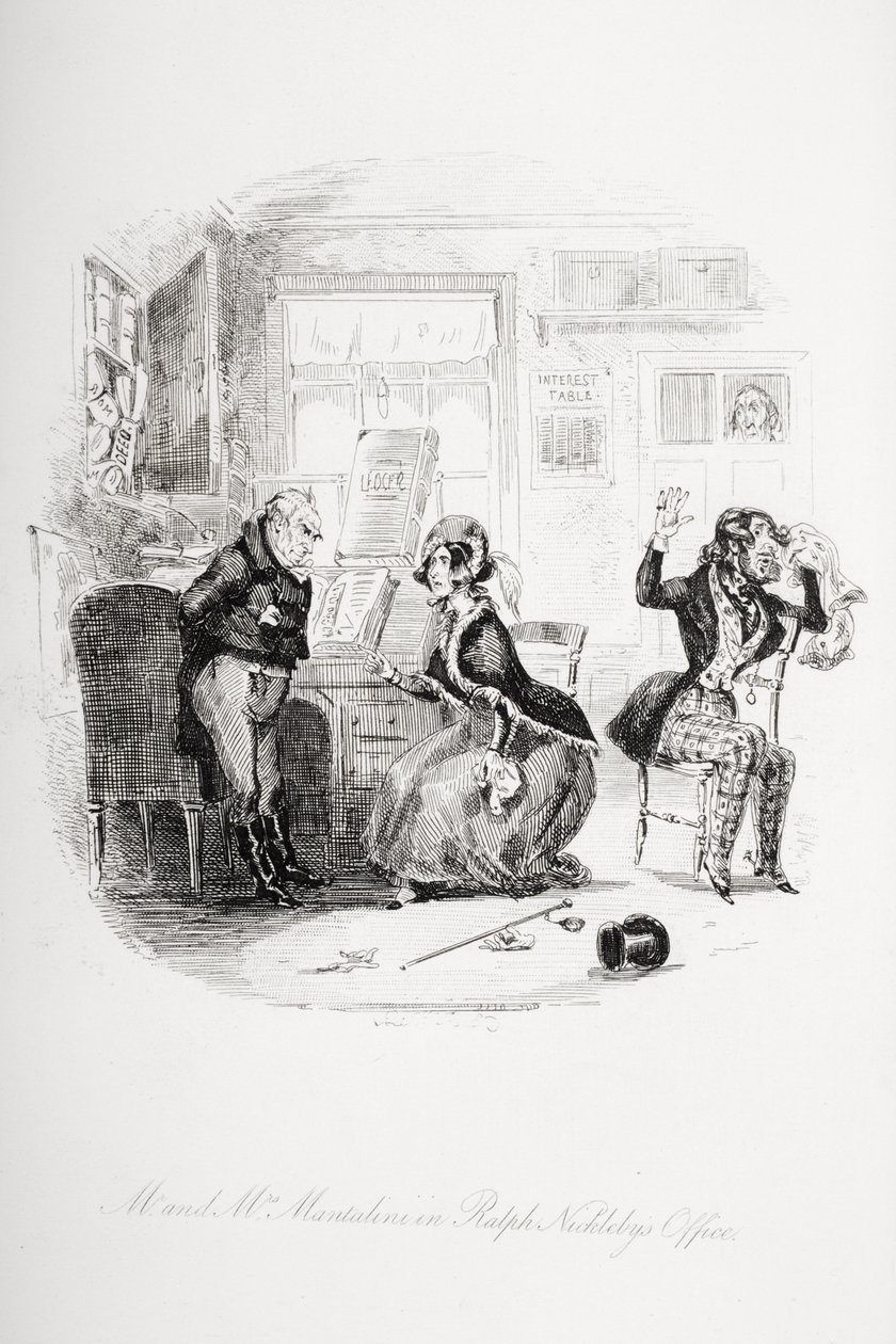 Mr. und Mrs. Mantalini im Büro von Ralph Nickleby zwischen Sir Mulberry und seinem Schüler, Illustration aus 
