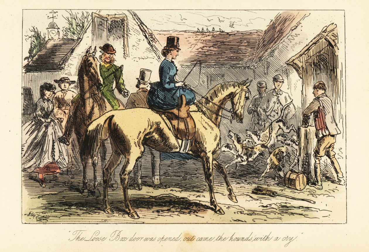 Jäger und Frauen beobachten, wie die Fuchshunde vor einer Jagd aus einem Gehege gelassen werden von after Hablot Knight Browne