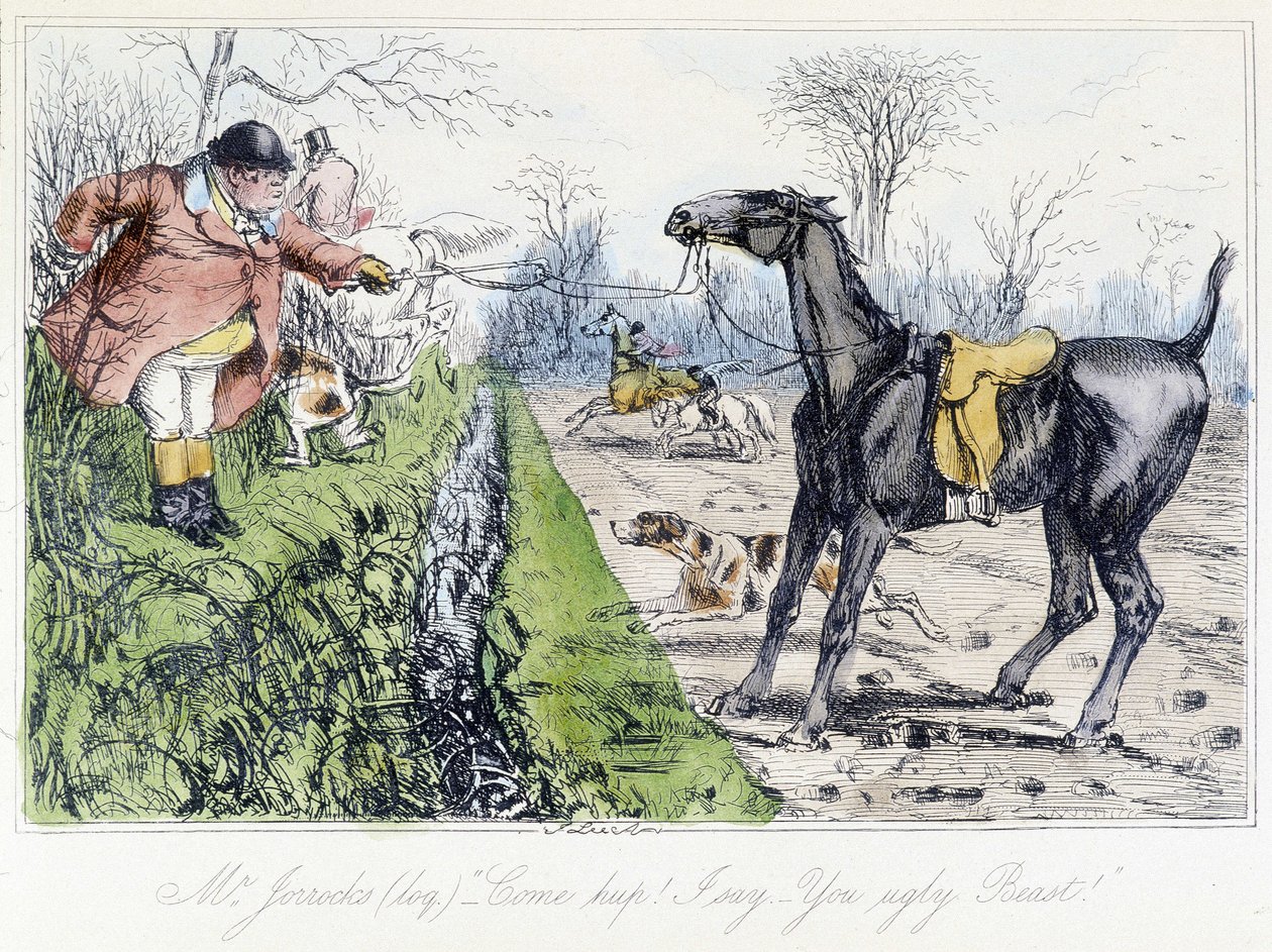 Reitszene der Jagd. Englische Karikatur über die Fuchsjagd aus „Die Abenteuer von Thomas Scott oder Hawbuck Grange“, Illustration von H.K. Browne und W.T. Maud von Hablot Knight Browne