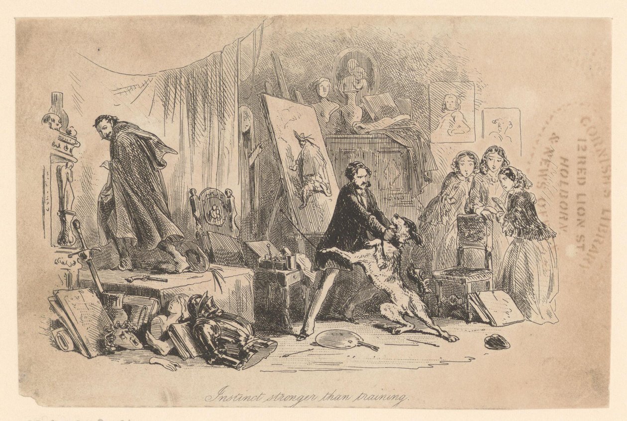 In seinem Atelier hält Henry Gowan seinen Hund zurück, der gerade den Verbrecher Rigaud erkannt hat von Hablot Knight Browne