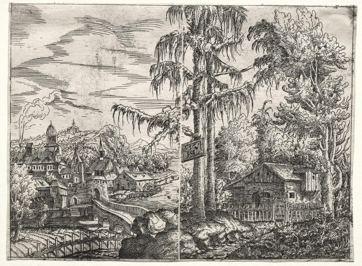 Landschaft mit der Stadt an einem Fluss und dem Häuschen zwischen Bäumen von Hanns Lautensack