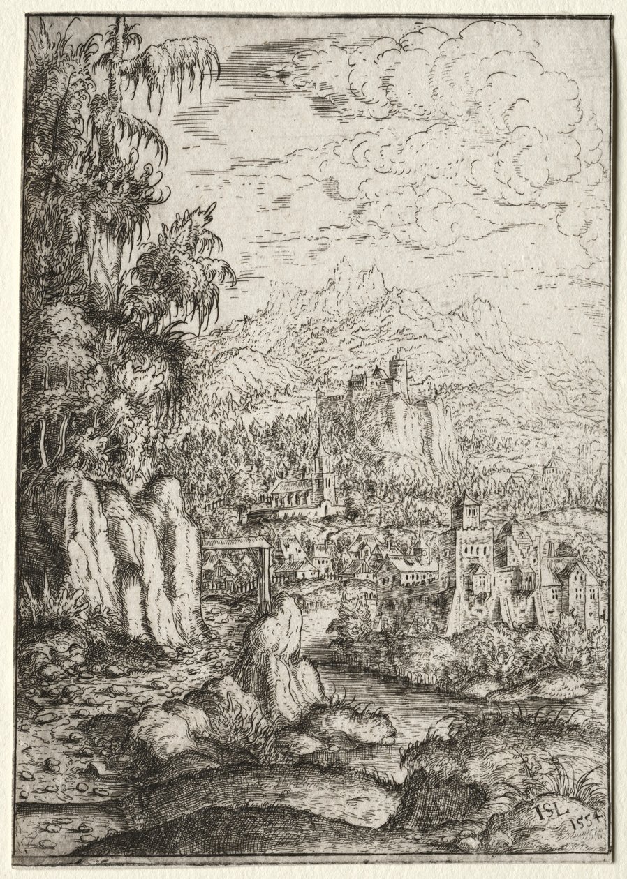 Landschaft mit einer Straße zu einer Burg auf einer Insel in einem Fluss, 1554 von Hanns Sebald Lautensack