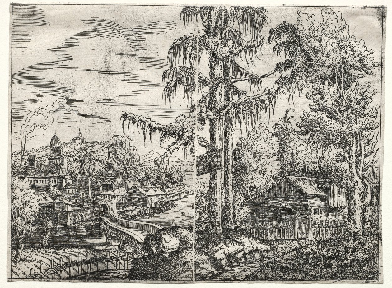 Landschaft mit der Stadt an einem Fluss und dem Häuschen zwischen Bäumen von Hanns Sebald Lautensack