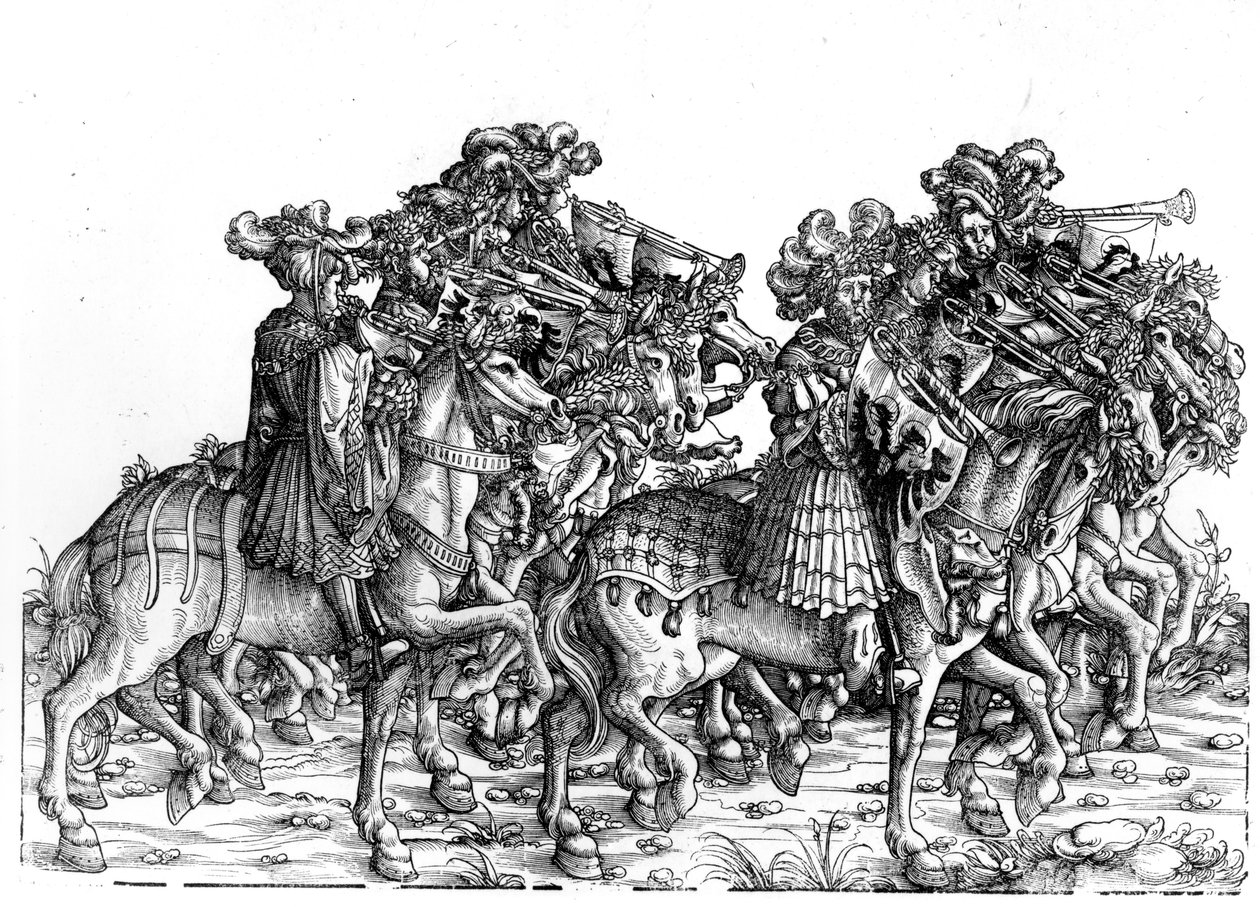 Zehn Musiker mit Trompeten, aus dem Triumphzug von Kaiser Maximilian I., um 1517 von Hans Burgkmair