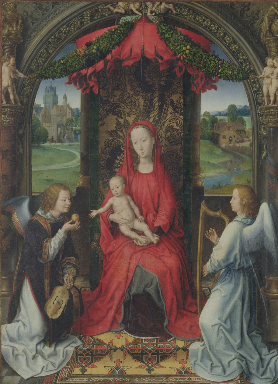 Madonna und Kind auf dem Thron mit zwei Engeln, 1490-91 von Hans Memling