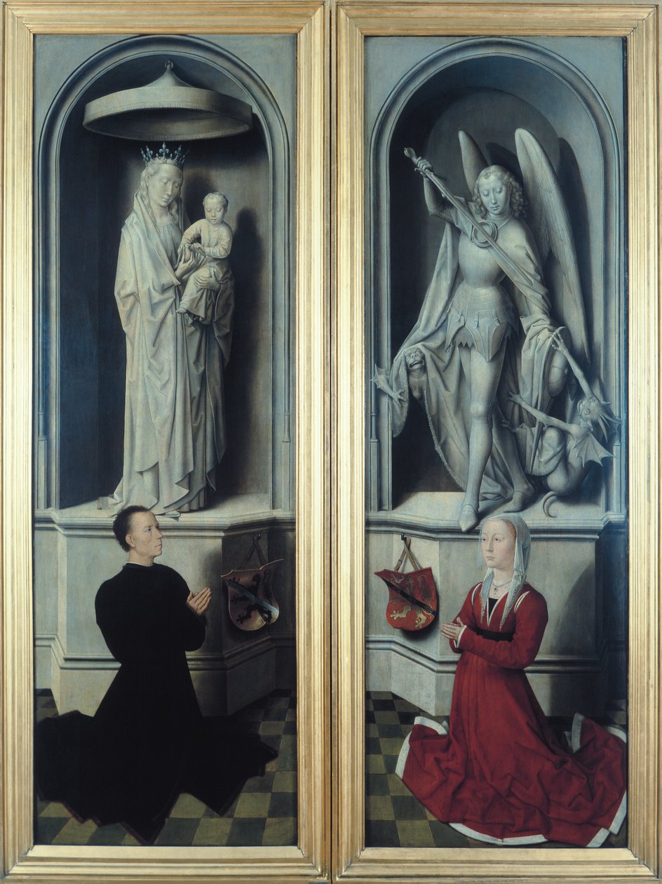 Ansicht des Jüngsten Gerichts mit geschlossenen Tafeln, die die Stifter Angelo di Jacopo Tani und seine Frau Caterina de Tanagli unter der Madonna mit Kind und St. Michael darstellen, 1473 von Hans Memling