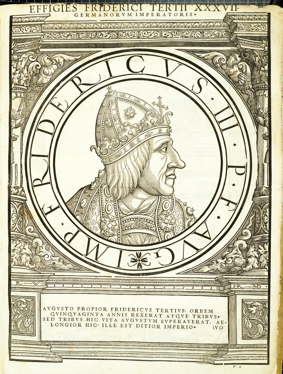 Fridericus III, Illustration aus Imperatorum romanorum omnium orientalium et occidentalium verissimae imagines ex antiquis numismatis, Holzschnitt von Rudolph Wyssenbach, gedruckt von Andreas Gesner, Zürich von Hans Rudolf Manuel Deutsch