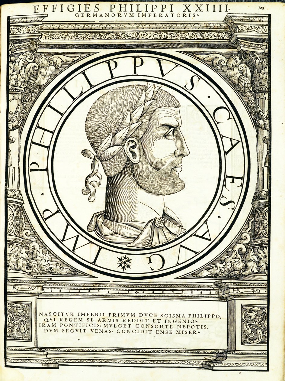 Philippus, Illustration aus Imperatorum romanorum omnium orientalium et occidentalium verissimae imagines ex antiquis numismatis, Holzschnitt von Rudolph Wyssenbach, gedruckt von Andreas Gesner, Zürich, 1559 von Hans Rudolf Manuel Deutsch