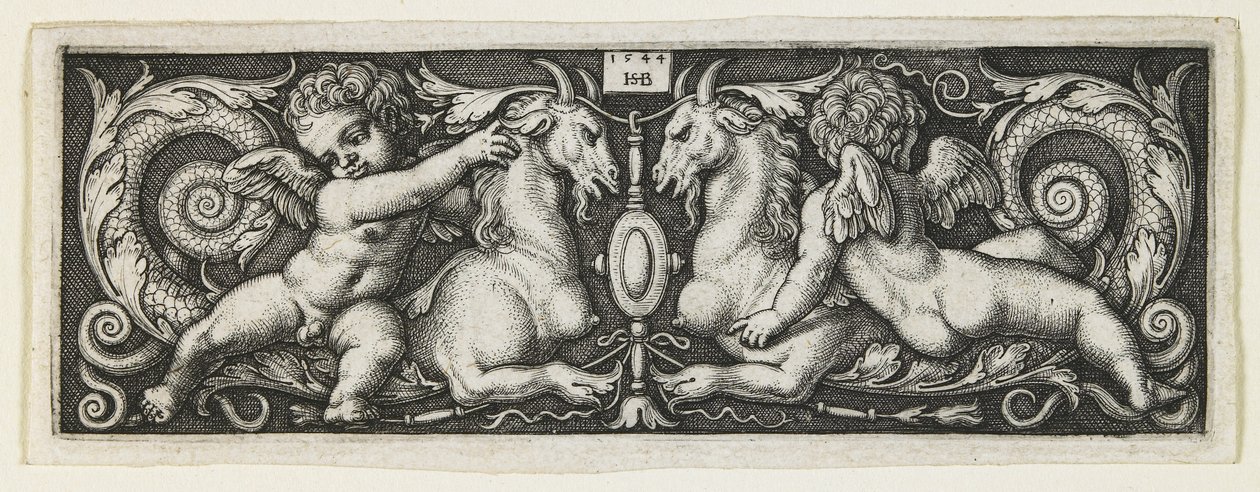Ornament mit zwei Genien, die auf zwei Chimären reiten, 1544 von Hans Sebald Beham