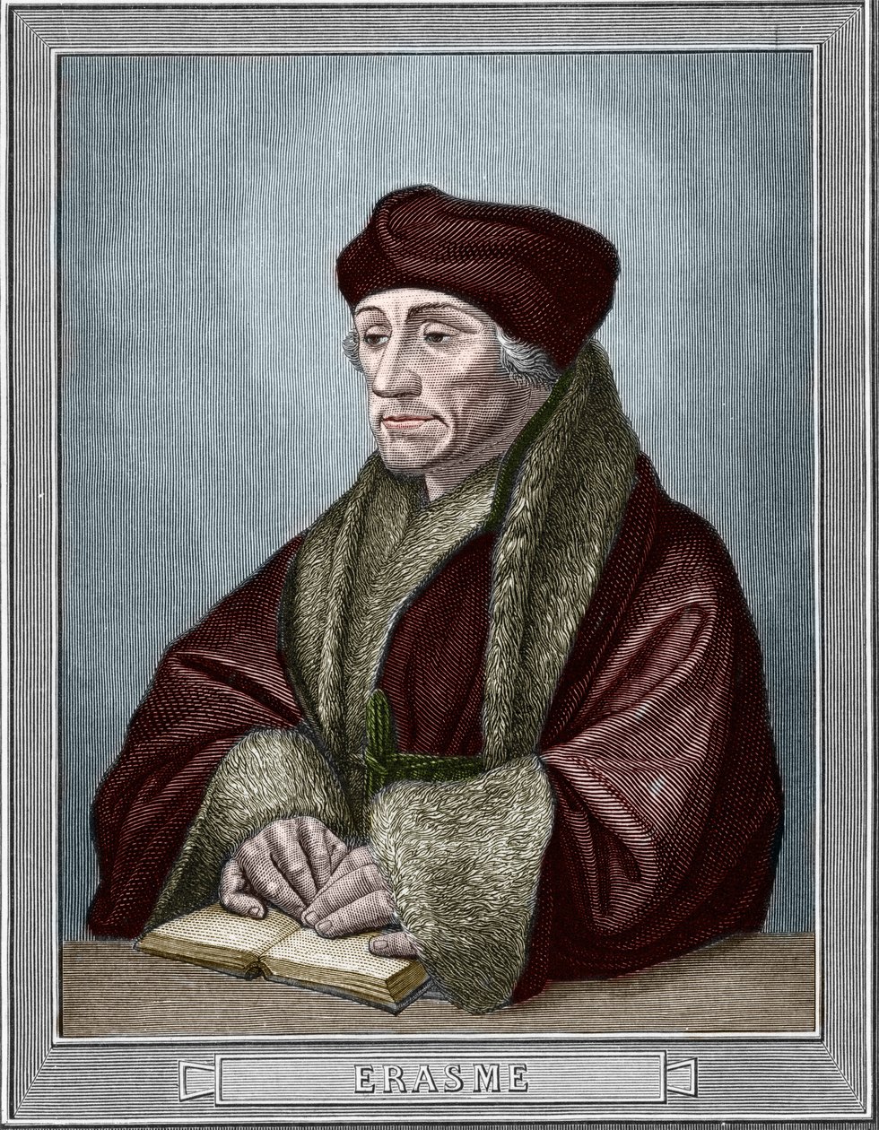 Porträt von Erasmus von Rotterdam (1469-1536), niederländischer Humanist. Gravur nach dem Original von Hans Holbein dem Jüngeren (1497-1543). Gravur von 1859 in „Die Galerien Europas - Italien“ von Armengaud. Private Sammlung. von Hans (after) Holbein the Younger