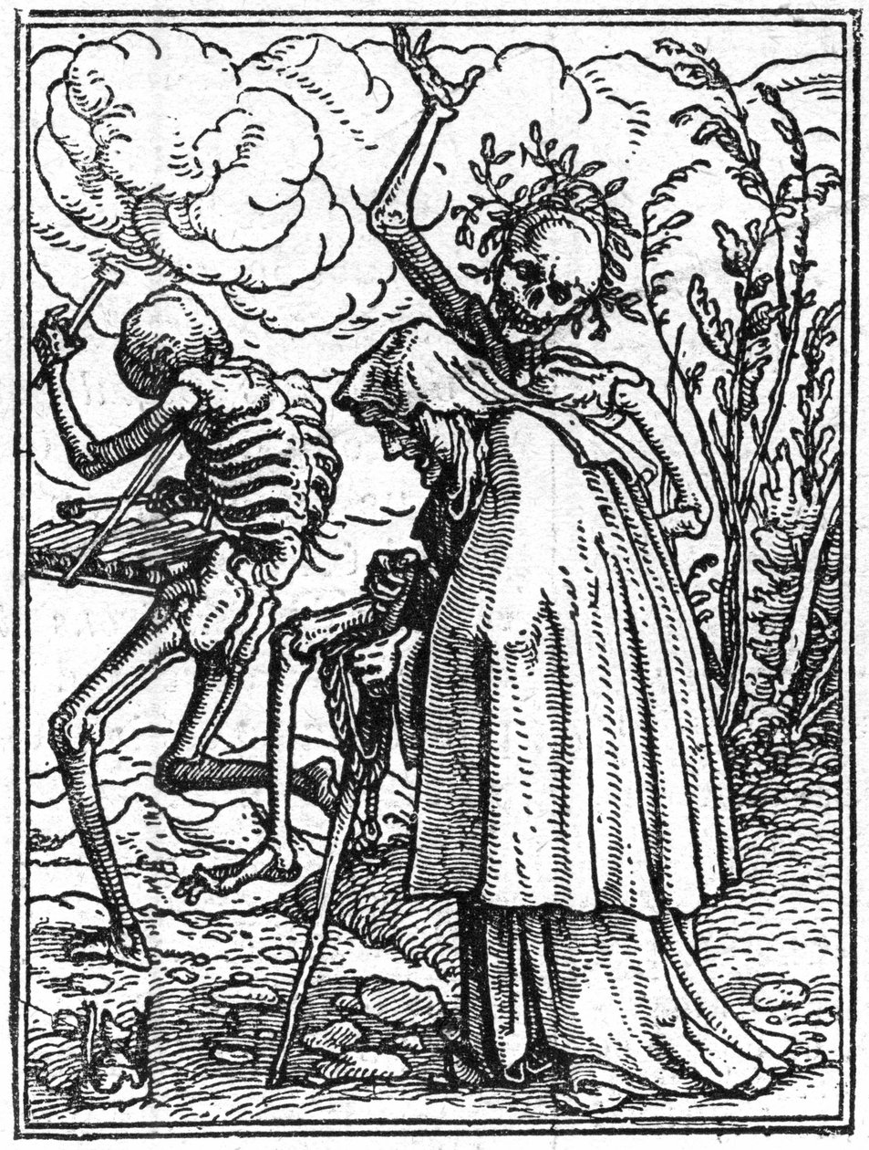 Die Simulakren des Todes von Hans Holbein dem Jüngeren (1497-1543): die Alte. Der Tod begleitet eine alte Dame zu ihrem Schicksal. Gravur. von Hans (after) Holbein the Younger