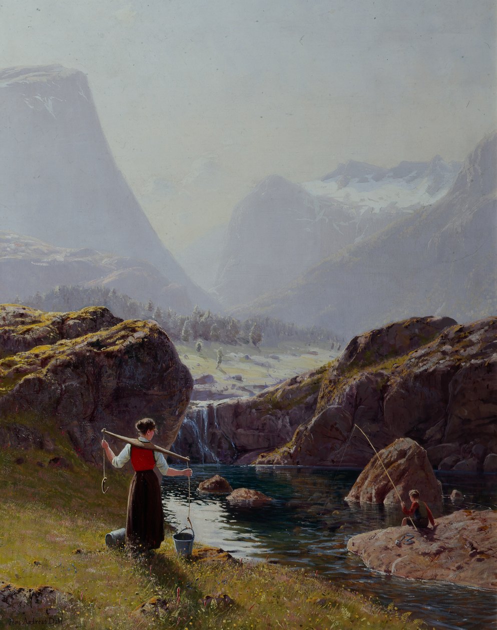 Mädchen mit Wassereimern und Junge beim Angeln von Hans Andreas Dahl