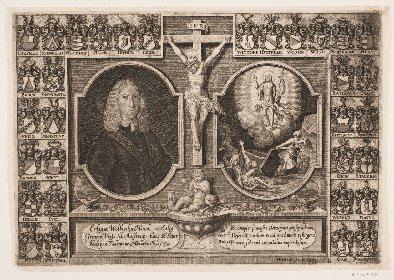 Gregers Friis til Ålstrup samt Christus am Kreuz und Christi Auferstehung. Umgeben von Wappenschildern von Hans Andreas Greys