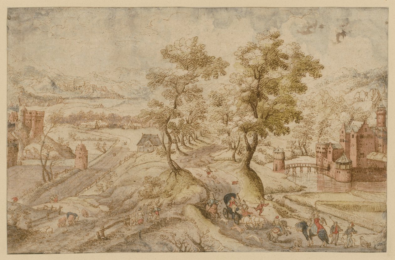 Hügelige Landschaft mit zwei Wasserburgen von Hans Bol