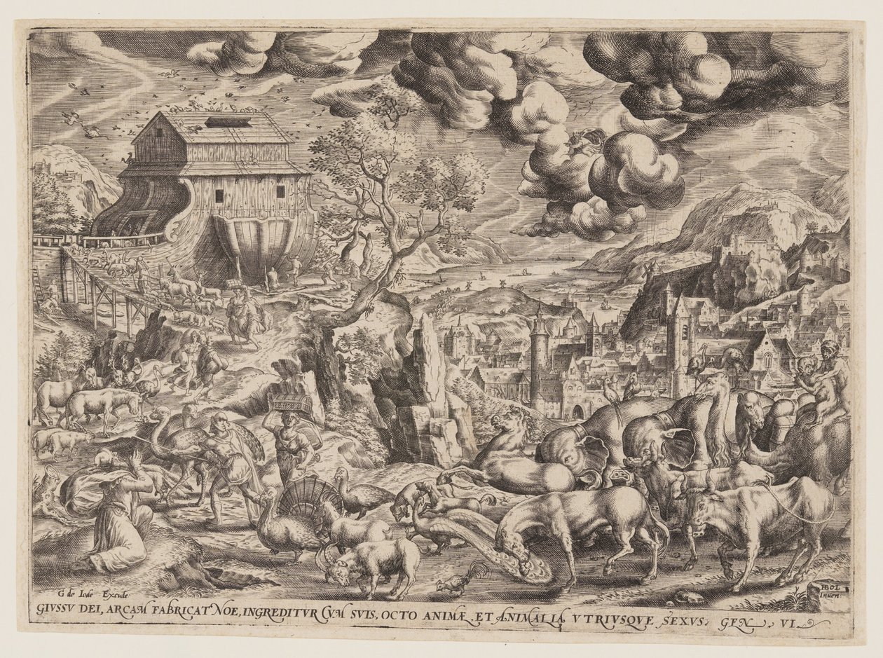 Die Paare der Tiere betreten die Arche von Hans Bol
