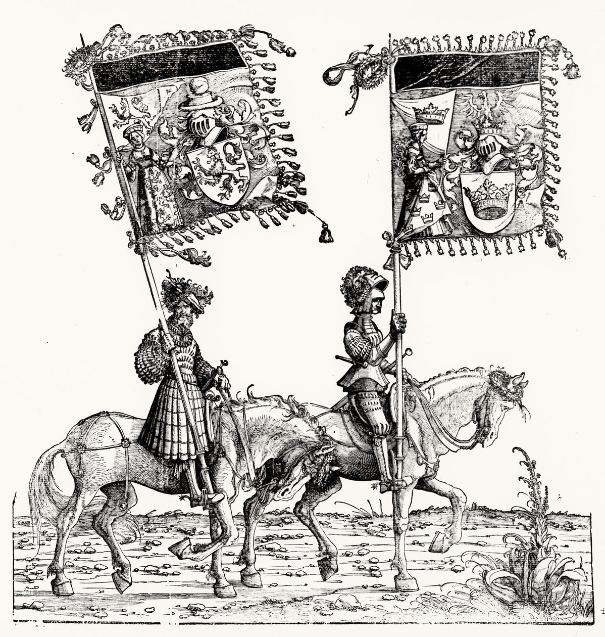 Zwei berittene Ritter aus Maximilians Triumphzug, ca. 1516-18 von Hans Burgkmair