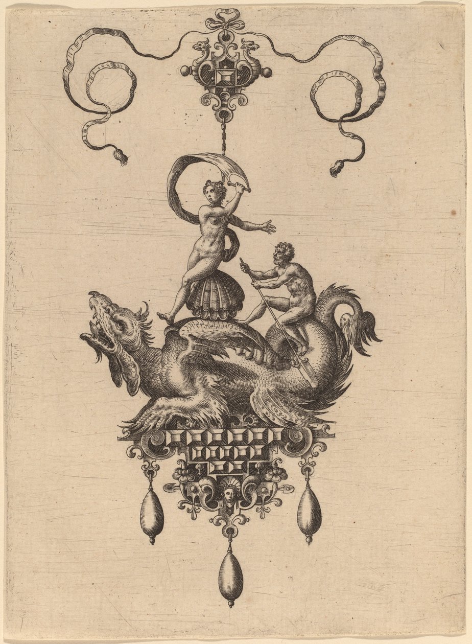 Entwurf für ein Anhänger mit einem geflügelten Seeungeheuer, das Venus Anadyomene auf einer Muschel trägt, und einem Mann mit einem Ruder von Hans Collaert the Elder