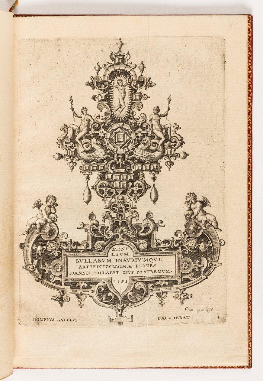 Tafel 1, Titelseite aus einer Serie von zehn, betitelt Monilium Bullarum Inauriumque Artificiocissimae Icones, Ioannis Collaert Opus Postremum (Entwürfe für Halsketten, Anhänger und Ohrringe von höchster Kunstfertigkeit, das letzte Werk von Joannis Collaer von Hans Collaert the Elder