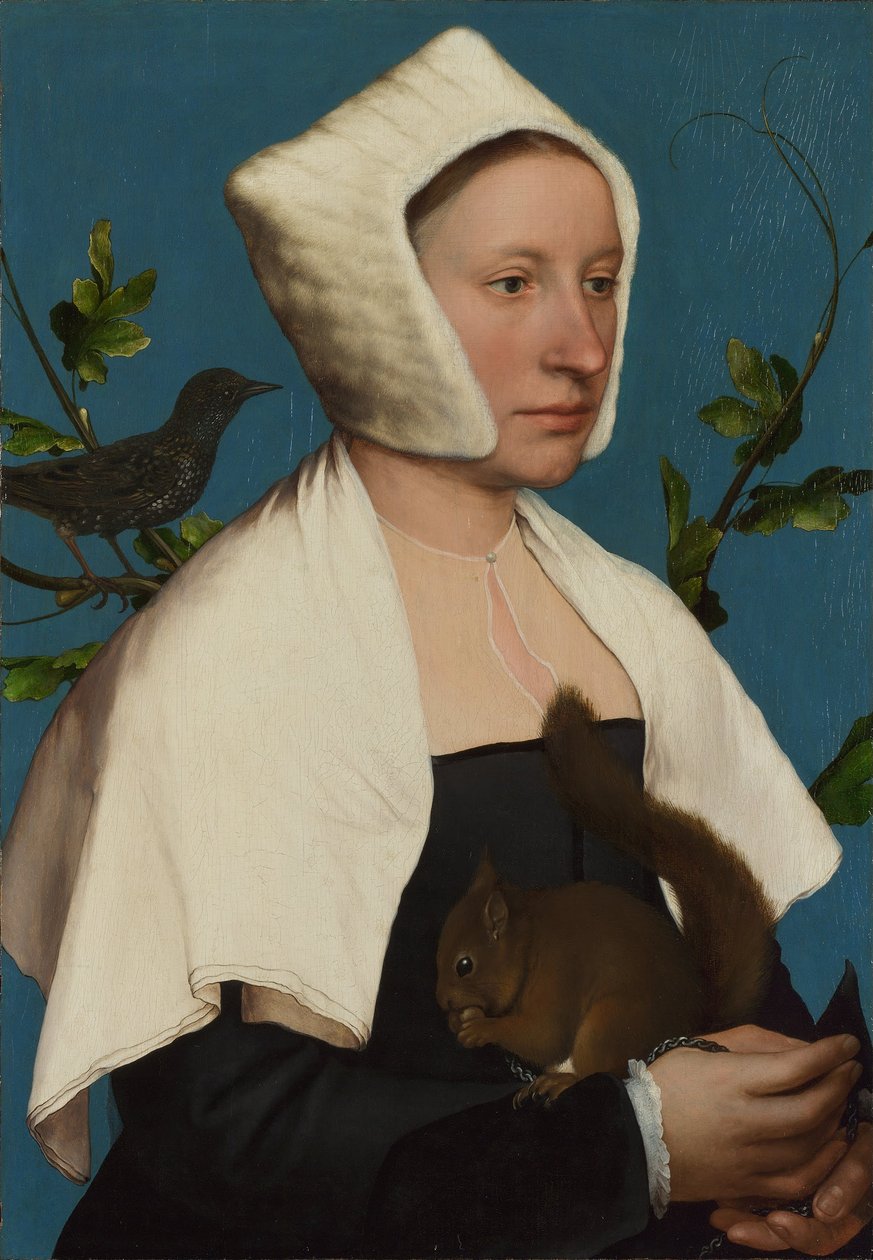 Eine Dame mit einem Eichhörnchen und einem Star (Anne Lovell?) von Hans Holbein the Younger