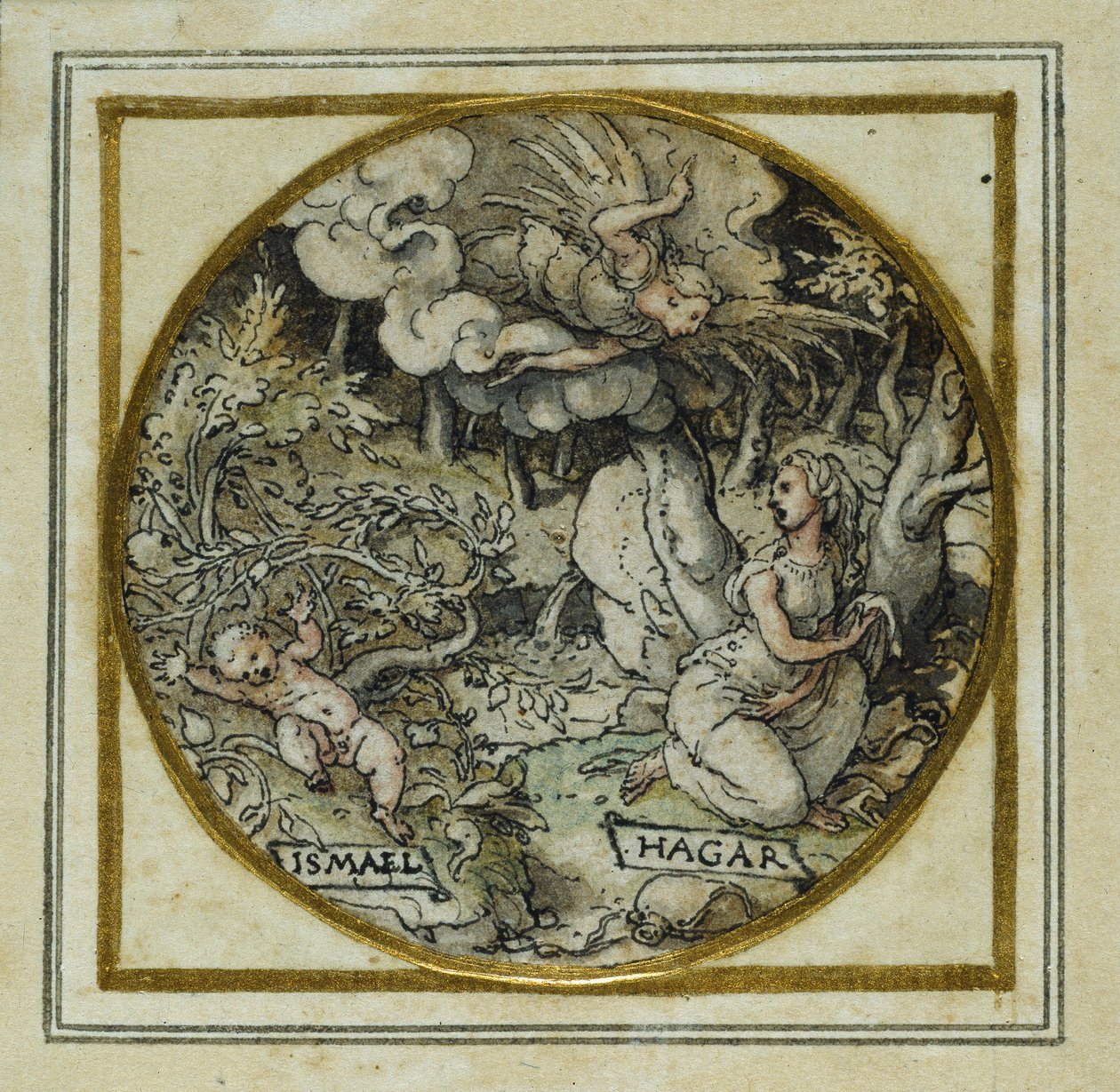 Hagar und Ismael - Entwurf für ein Anhänger oder Hutabzeichen, um 1532-43 von Hans Holbein der Jüngere
