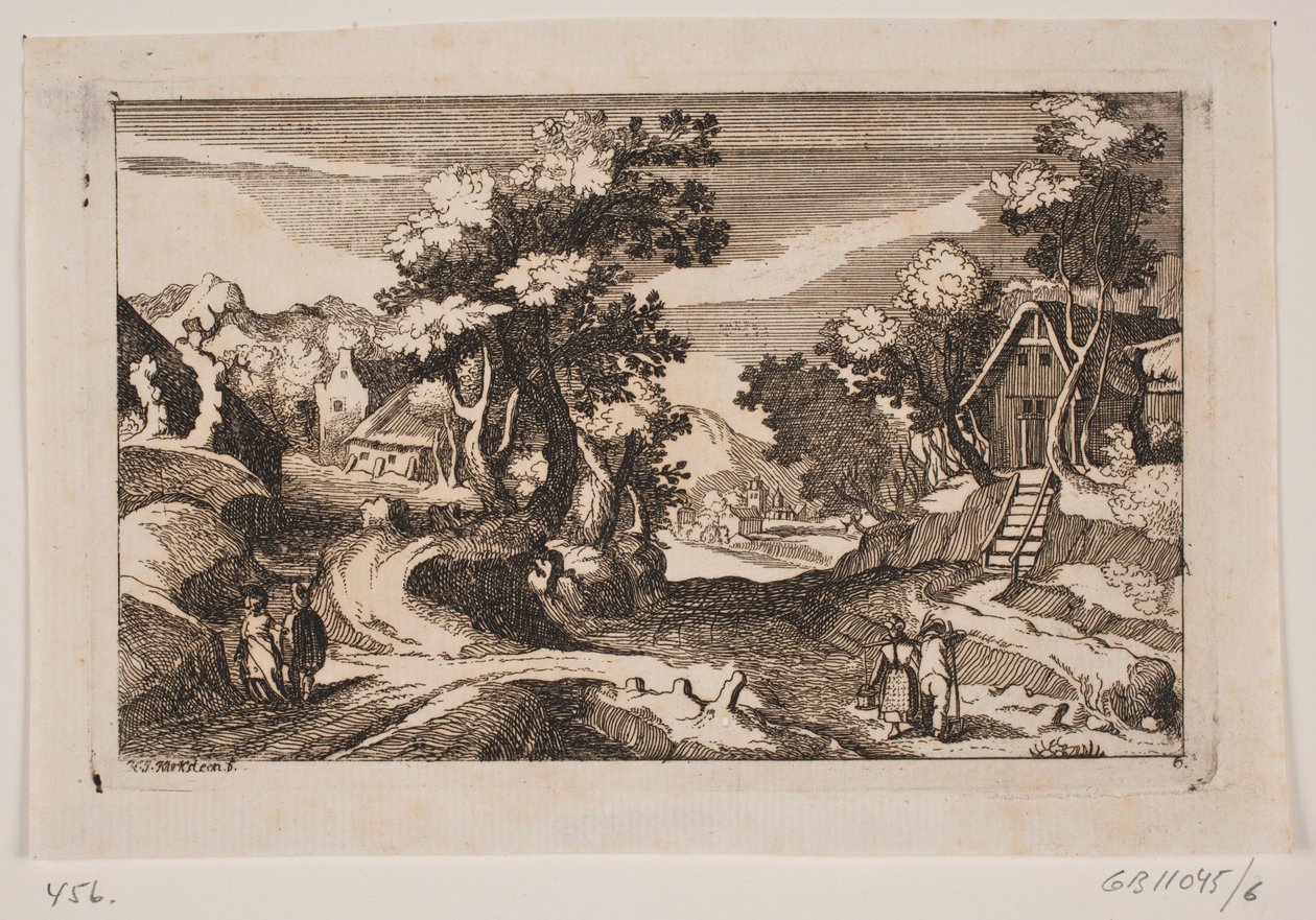 Hügelige Landschaft mit Bauernhäusern. Im Vordergrund eine Milchmagd und ein Bauer mit Heugabel von Hans Jørgen Kirksteen
