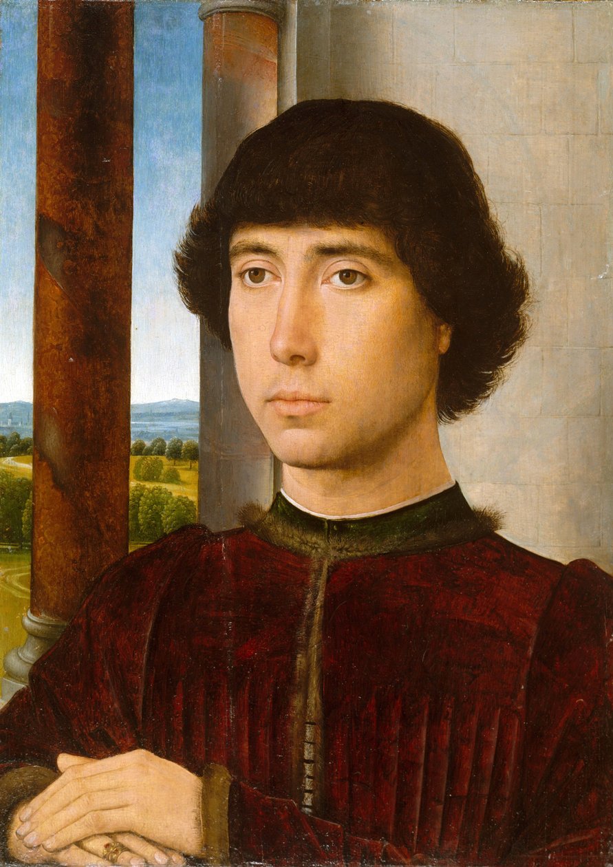 Porträt eines Mannes an einer Loggia von Hans Memling