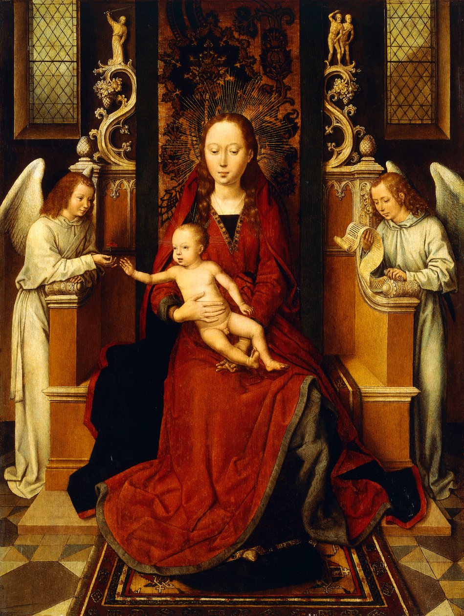 Die Jungfrau und das Kind auf dem Thron mit zwei Engeln von Hans Memling