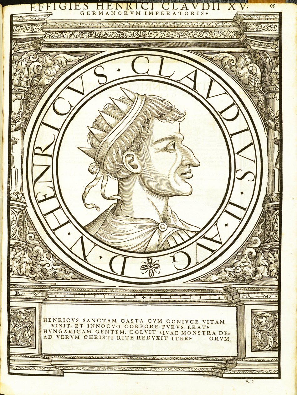 Henricus II Claudus, Illustration aus Imperatorum romanorum omnium orientalium et occidentalium verissimae imagines ex antiquis numismatis, Holzschnitt von Rudolph Wyssenbach, gedruckt von Andreas Gesner, Zürich von Hans Rudolf Manuel Deutsch