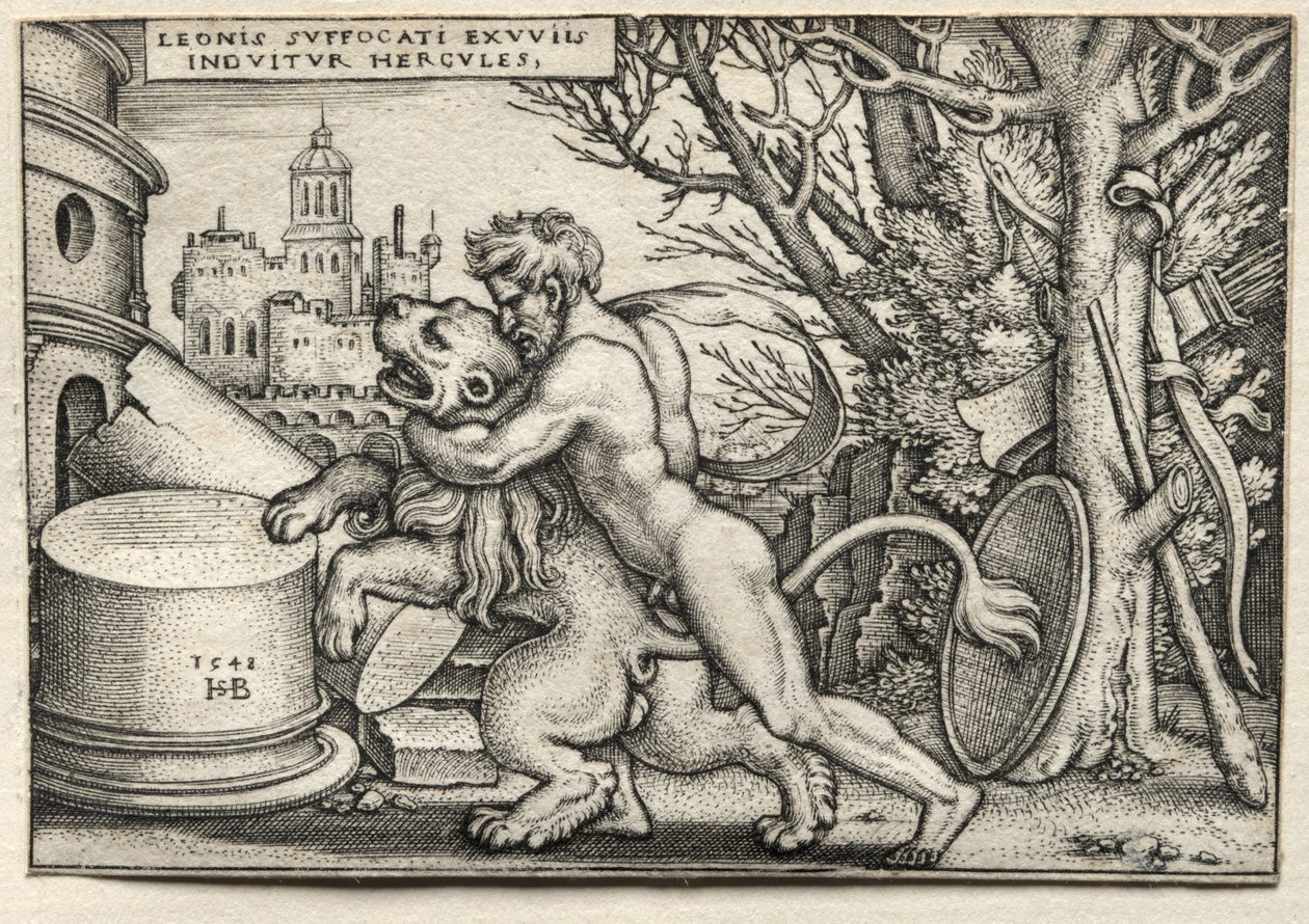 Die Arbeiten des Herkules: Herkules erwürgt den Nemeischen Löwen, 1548 von Hans Sebald Beham