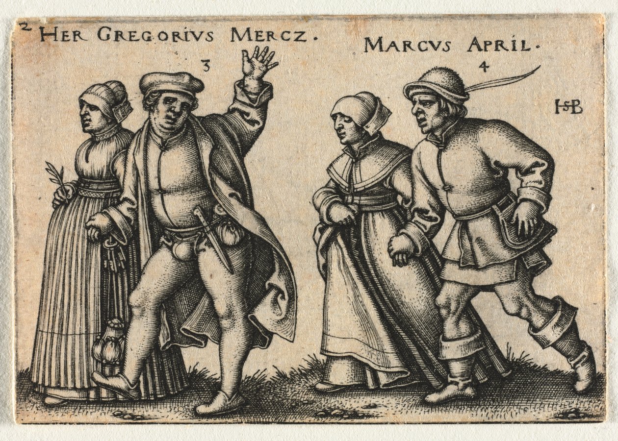 Die Bauernhochzeit oder die zwölf Monate: 3-Her Gregorius Mercz 4-Marcus April von Hans Sebald Beham