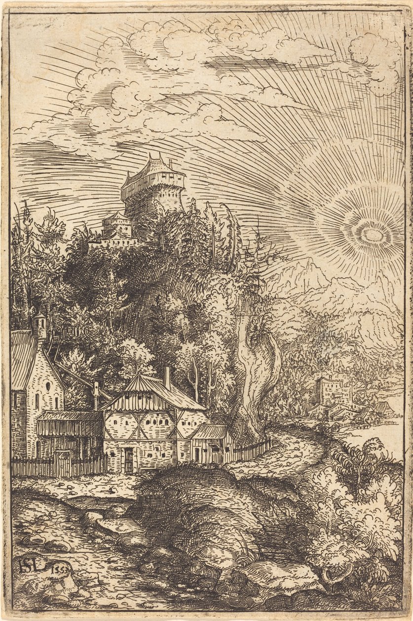 Landschaft mit einem Schloss und strahlender Sonne von Hans Sebald Lautensack