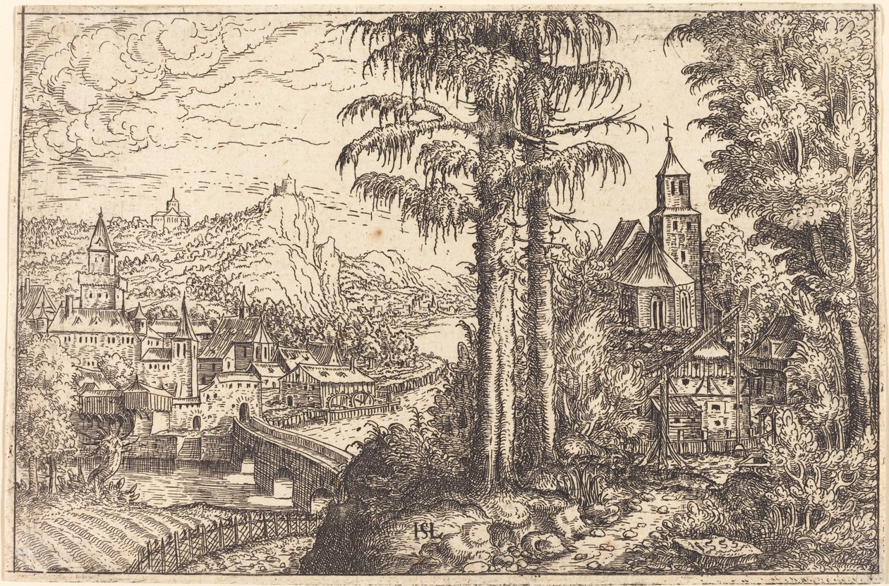 Ansicht einer Stadt in der Nähe eines Flusses mit einer Kirche auf der rechten Seite, 1553 von Hans Sebald Lautensack